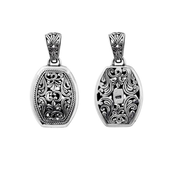 Handcrafted sterling silver barrel pendant with Bali scrollwork, artisan necklace.