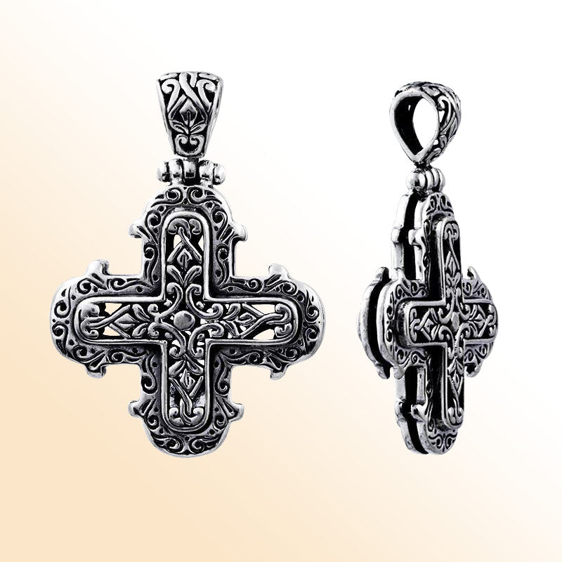 Handcrafted sterling silver small cross pendant with Balinese scrollwork, artisan necklace.