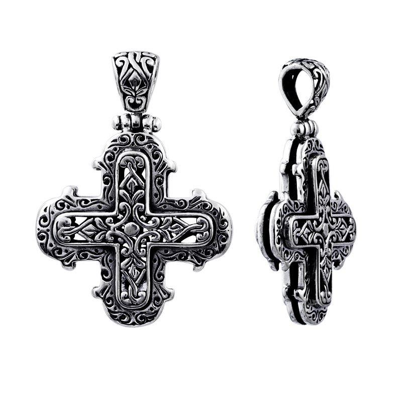 Handcrafted sterling silver cross pendant with Balinese scrollwork, artisan necklace.