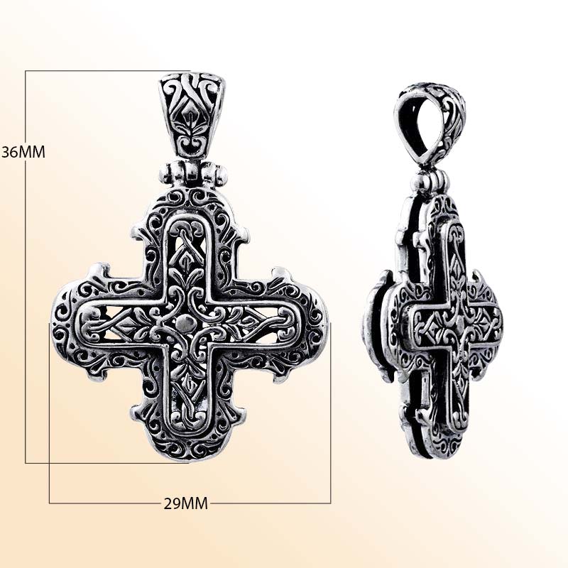 Handcrafted sterling silver cross pendant with Balinese scrollwork, artisan necklace.