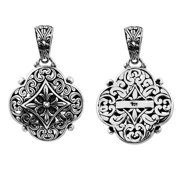 Handcrafted sterling silver floral pendant with Balinese scrollwork, artisan necklace.