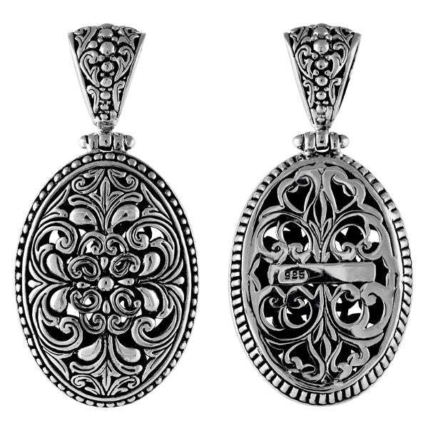 Handcrafted sterling silver oval floral pendant with Balinese scrollwork, artisan necklace.