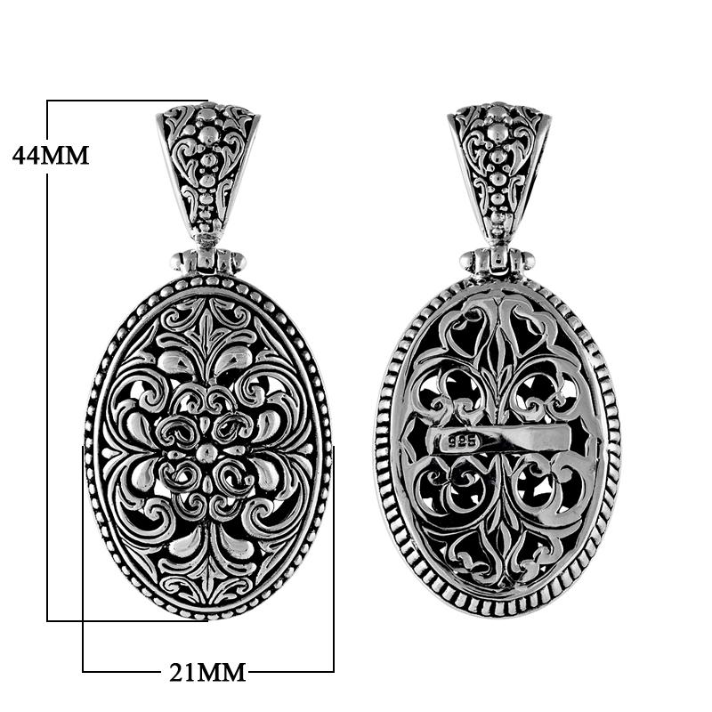 Handcrafted sterling silver oval floral pendant with Balinese scrollwork, artisan necklace.