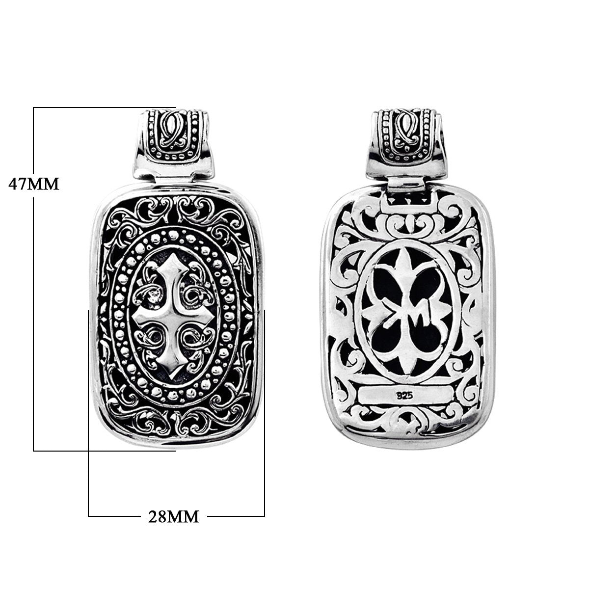 Handcrafted sterling silver Bali pendant with cross and floral carving – unisex jewelry