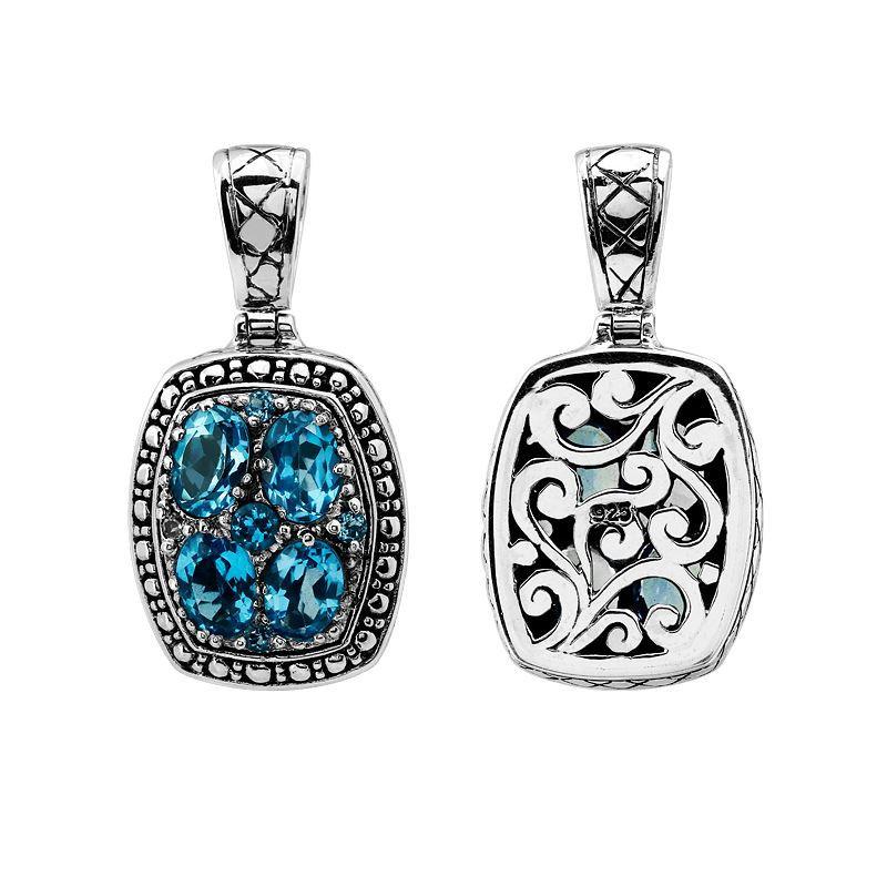 Handmade sterling silver pendant with Blue Topaz Quartz cluster and filigree swirl back design, artisan Bali jewelry.