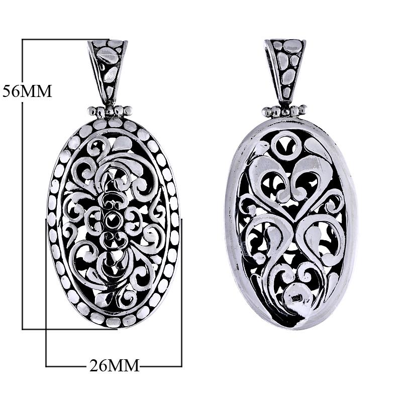 Handmade sterling silver oval filigree pendant with dotted border, artisan Bali jewelry design.