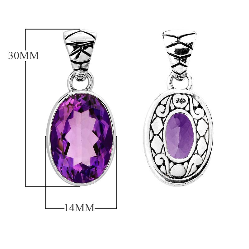 Handmade sterling silver pendant with oval-cut amethyst quartz and artisan scroll back design, Bali jewelry.