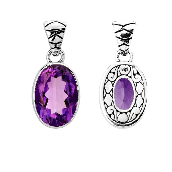 Handmade sterling silver pendant with oval-cut amethyst quartz and artisan scroll back design, Bali jewelry.