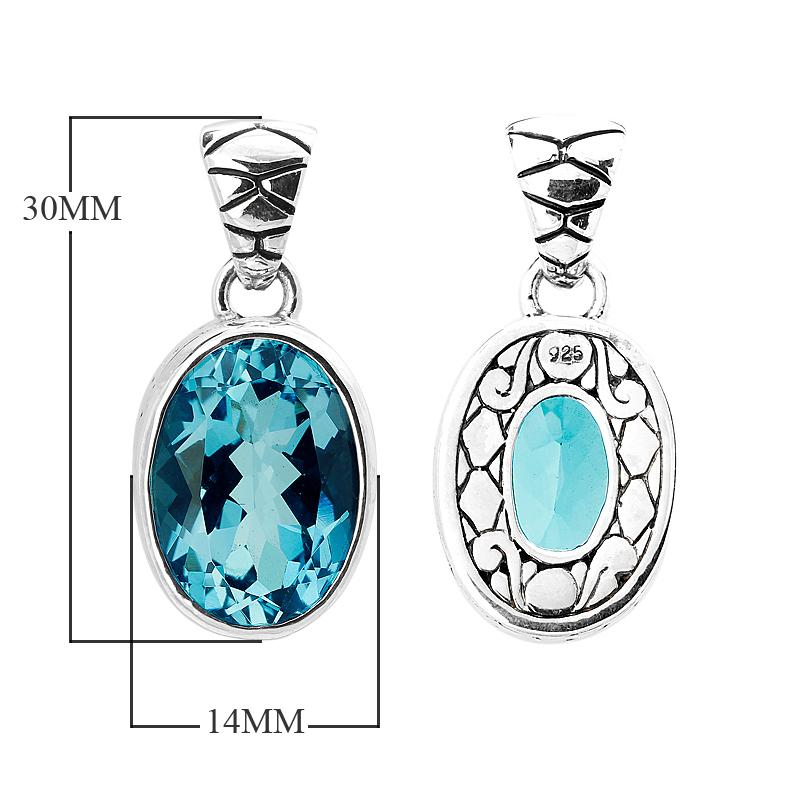 Handmade sterling silver pendant with oval-cut  Blue Topaz Quartz and artisan scroll design, Bali jewelry.