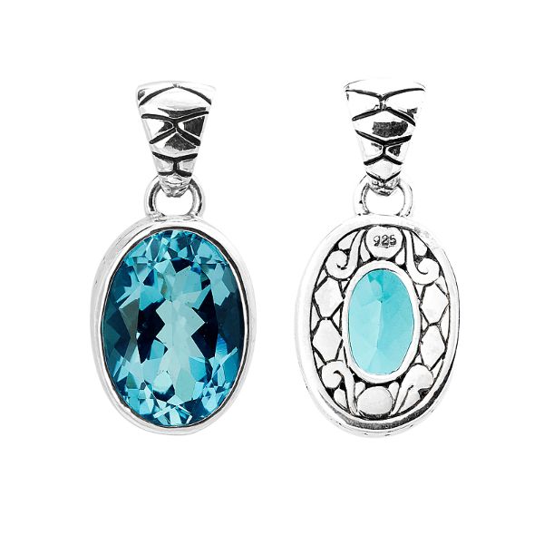 Handmade sterling silver pendant with oval-cut  Blue Topaz Quartz and artisan scroll design, Bali jewelry.