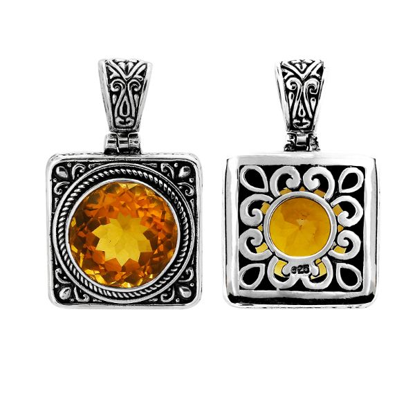 Handmade sterling silver square pendant with round-cut Citrine Quartz and artisan scroll back, Bali jewelry.