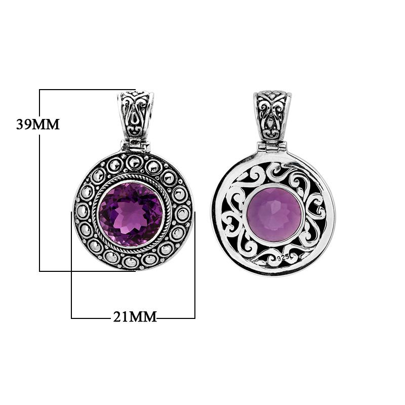 Artisan sterling silver pendant with round faceted Amethyst Quartz and ornate Bali-style filigree design.