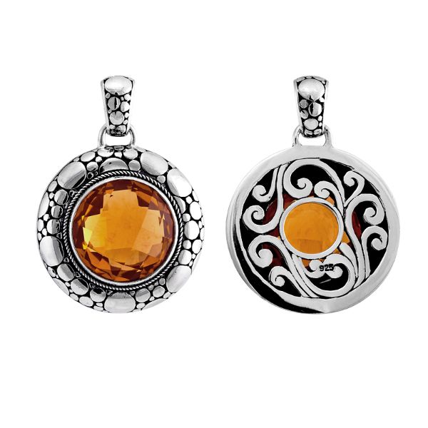 Artisan sterling silver Citrine Quartz pendant with hammered border and intricate filigree swirl design.