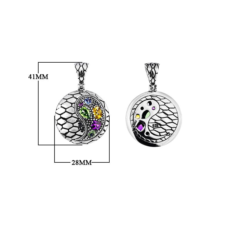 Yin Yang sterling silver pendant with peridot, citrine, blue topaz, and amethyst quartz in artisan design.