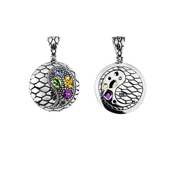 Yin Yang sterling silver pendant with peridot, citrine, blue topaz, and amethyst quartz in artisan design.