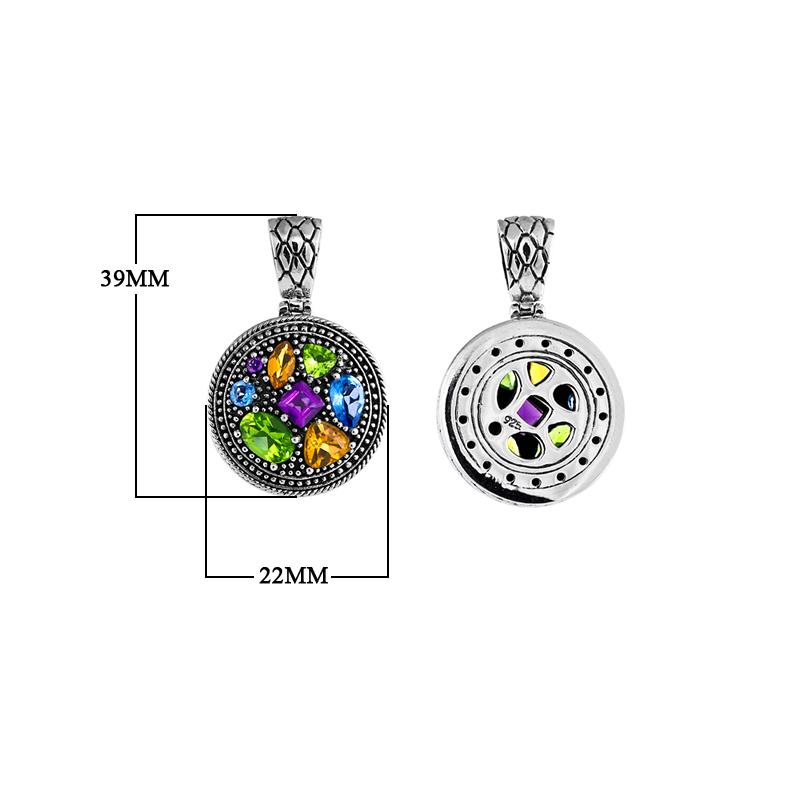 Yin Yang sterling silver pendant with peridot, citrine, blue topaz, and amethyst quartz in artisan design.