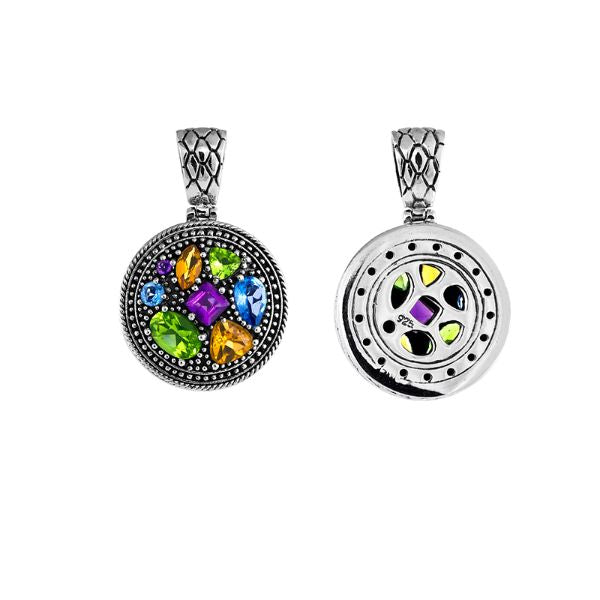 Yin Yang sterling silver pendant with peridot, citrine, blue topaz, and amethyst quartz in artisan design.