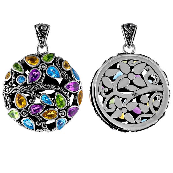 Artisan sterling silver floral pendant with peridot, citrine, blue topaz, and amethyst quartz.