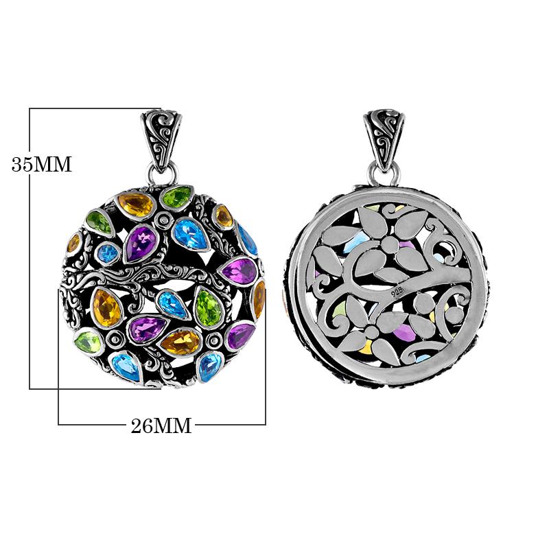 Artisan sterling silver floral pendant with peridot, citrine, blue topaz, and amethyst quartz.