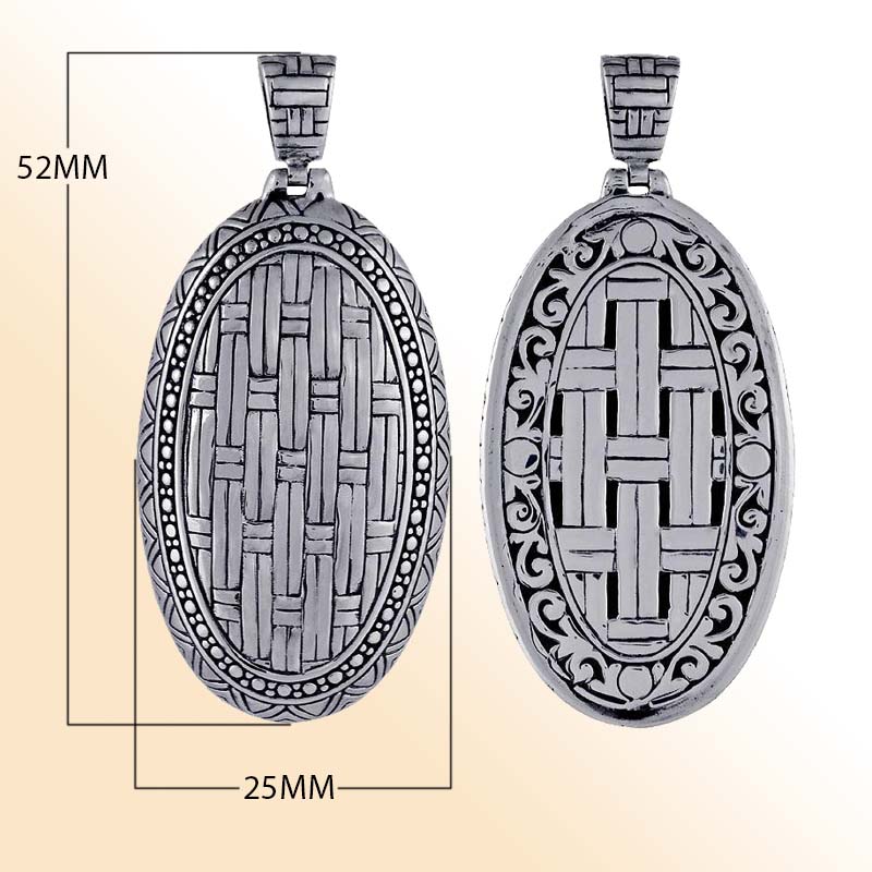 Artisan sterling silver oval pendant with woven texture and detailed borders.