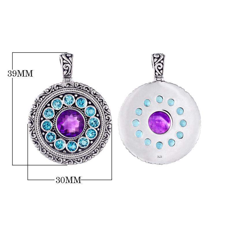 Elegant sterling silver round pendant with amethyst quartz center and blue topaz quartz accents