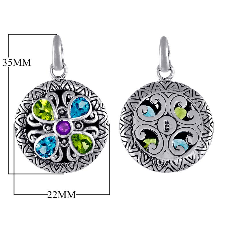 Elegant sterling silver round pendant with amethyst quartz center and peridot & blue topaz quartz accents