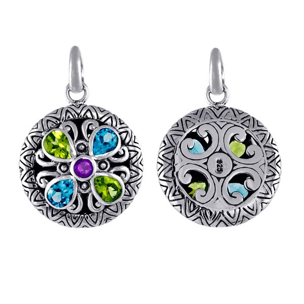 Elegant sterling silver round pendant with amethyst quartz center and peridot & blue topaz quartz accents