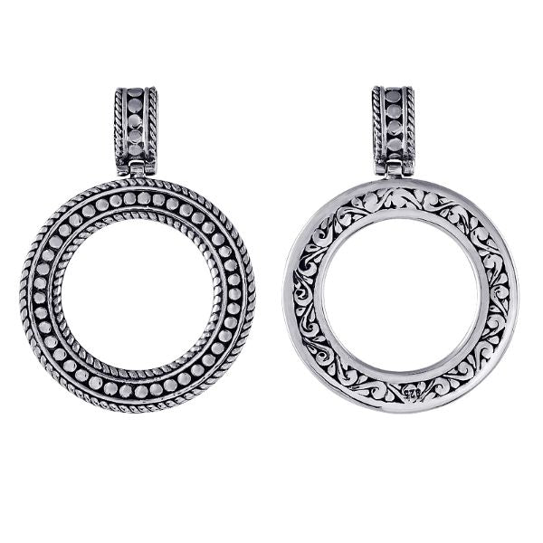 Handmade Bali silver circle pendant with reversible dotted and floral design