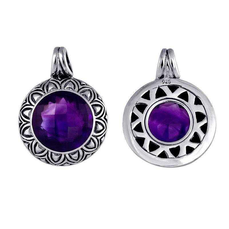 Handmade Bali sterling silver pendant with faceted amethyst quartz and floral sunray design