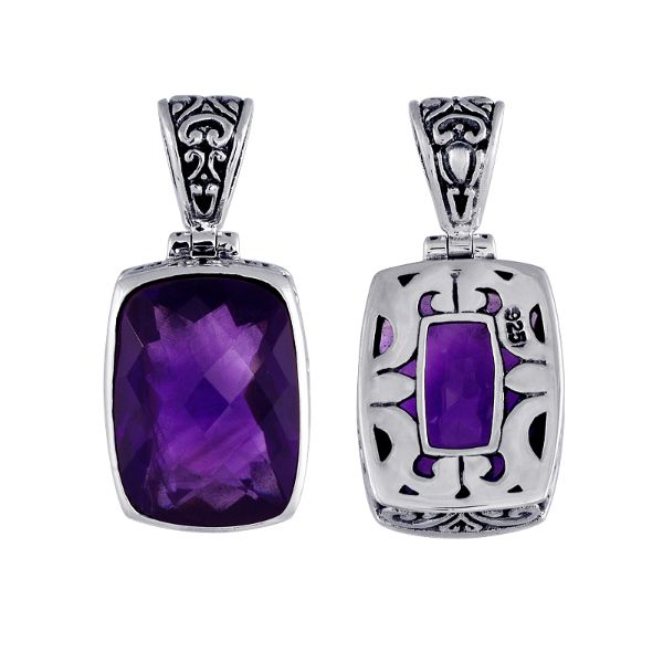 Handmade Bali silver rectangular pendant with faceted amethyst quartz and cutwork detailing