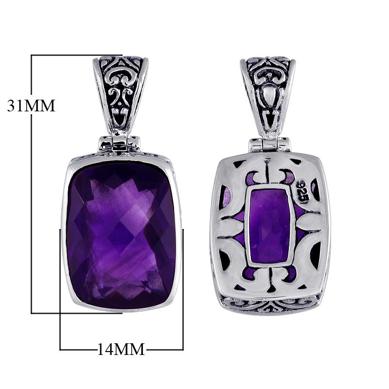 Handmade Bali silver rectangular pendant with faceted amethyst quartz and cutwork detailing