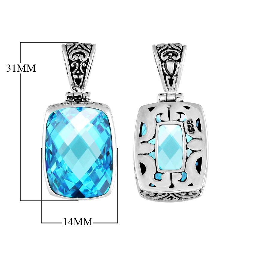 Handmade Bali silver rectangular pendant with faceted blue topaz quartz and cutwork detailing