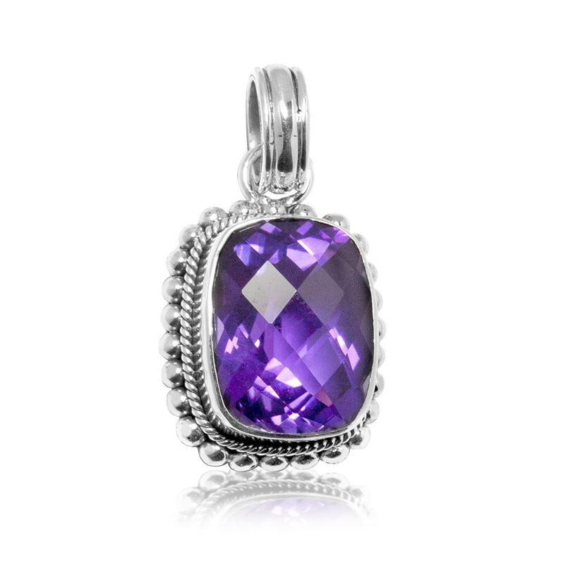 Handmade sterling silver pendant with faceted Amethyst Quartz, artisan crafted in Bali
