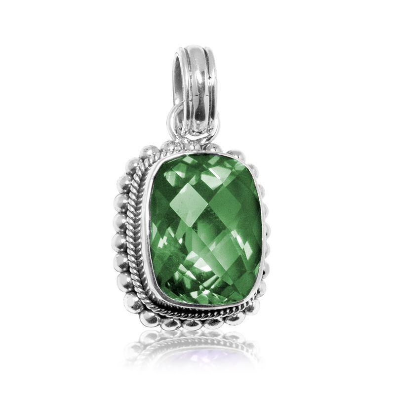 Handmade sterling silver pendant with faceted Green Quartz, artisan crafted in Bali