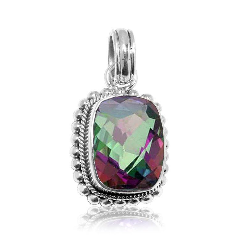 Handmade sterling silver pendant with faceted Mystic Topaz Quartz, artisan crafted in Bali