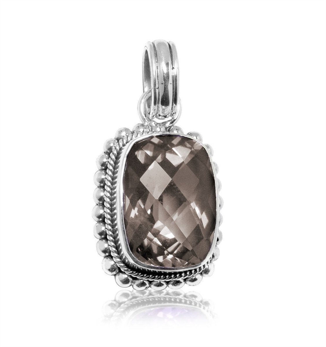 Handmade sterling silver pendant with faceted Smoky Quartz, artisan crafted in Bali