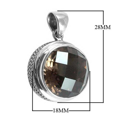 Handmade sterling silver round pendant with faceted Smoky Topaz Quartz, artisan crafted in Bali