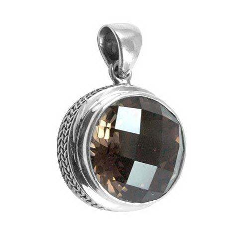 Handmade sterling silver round pendant with faceted Smoky Topaz Quartz, artisan crafted in Bali
