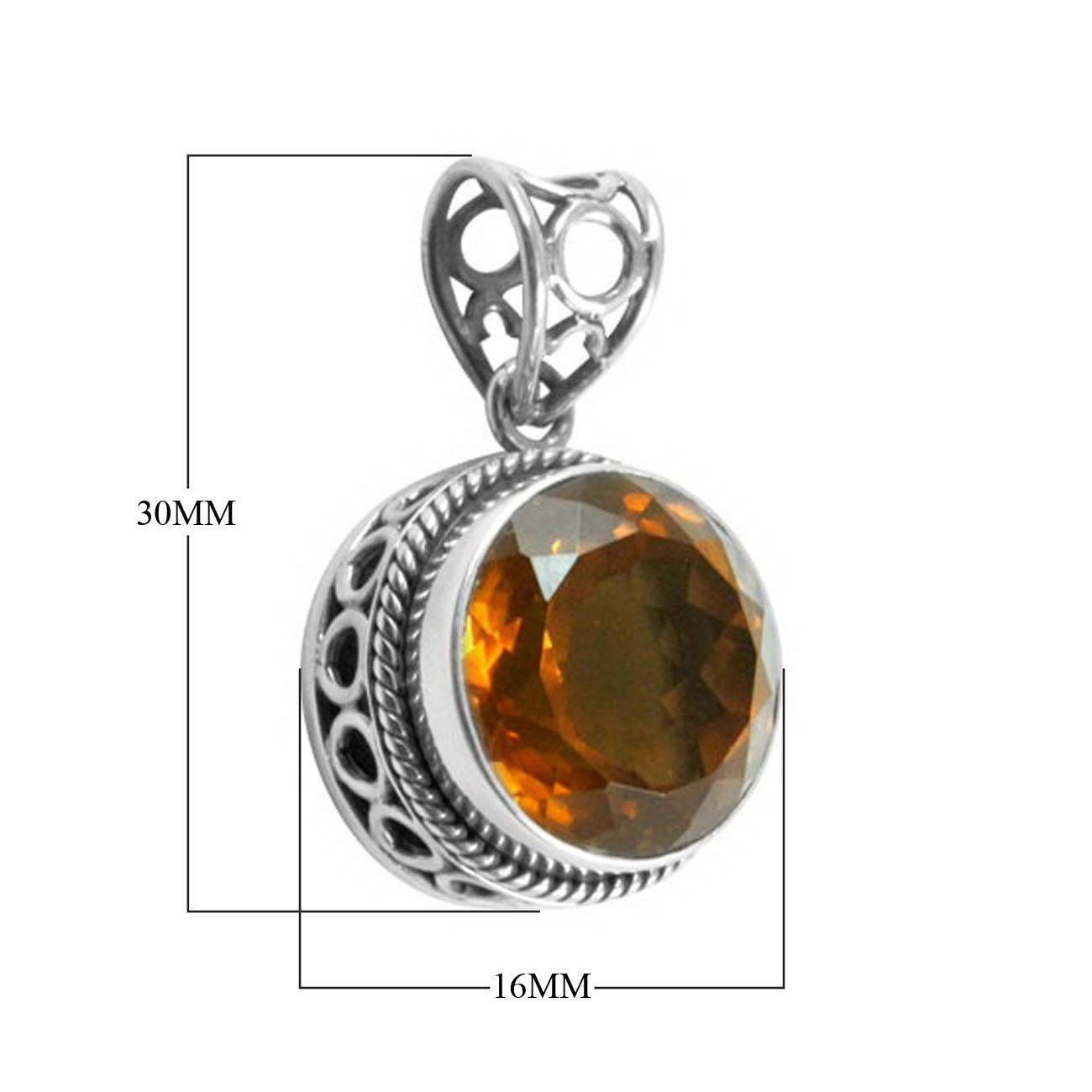 Handmade sterling silver round pendant with faceted Citrine Quartz, artisan crafted in Bali