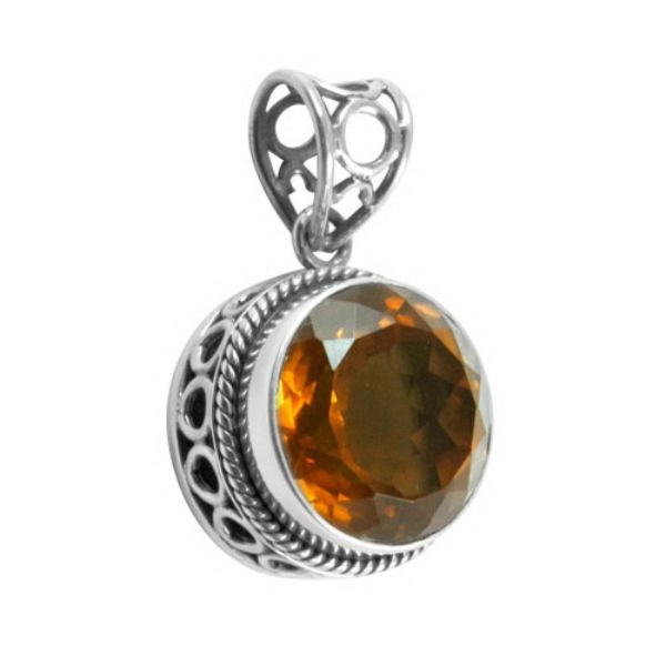 Handmade sterling silver round pendant with faceted Citrine Quartz, artisan crafted in Bali