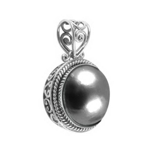 Handmade sterling silver round pendant with Gray Mabe Pearl, artisan crafted in Bali