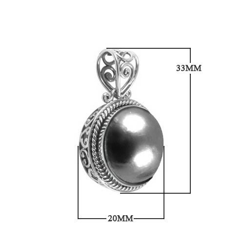 Handmade sterling silver round pendant with Gray Mabe Pearl, artisan crafted in Bali