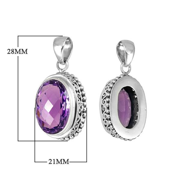 Handmade sterling silver oval pendant with faceted Amethyst Quartz, artisan crafted in Bali
