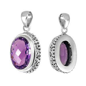 Handmade sterling silver oval pendant with faceted Amethyst Quartz, artisan crafted in Bali