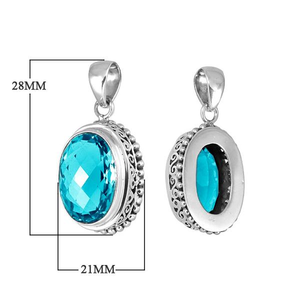 Handmade sterling silver oval pendant with faceted Blue Topaz Quartz, artisan crafted in Bali