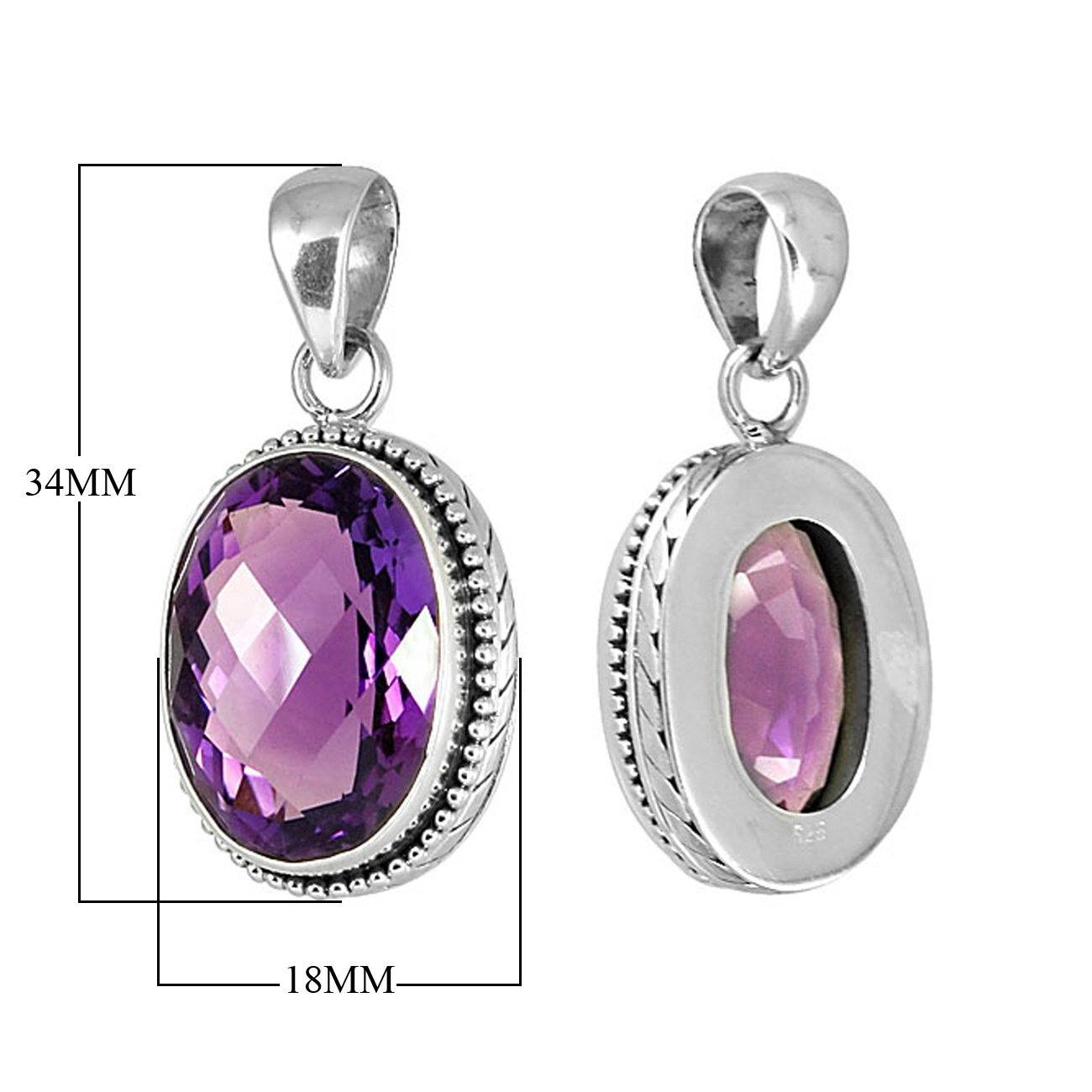 Handmade sterling silver oval pendant with faceted Amethyst Quartz and dotted border, artisan crafted in Bali