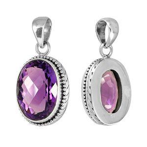 Handmade sterling silver oval pendant with faceted Amethyst Quartz and dotted border, artisan crafted in Bali