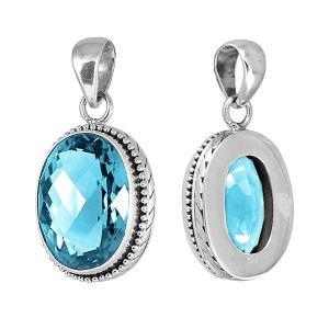 Elegant sterling silver pendant with Blue Topaz Quartz, handcrafted in Bali with oval bezel design.