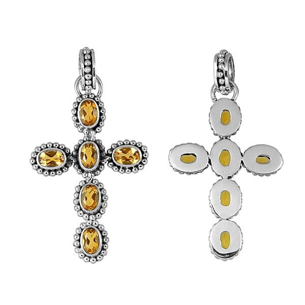 Elegant sterling silver cross pendant with faceted citrine quartz, handcrafted in Bali