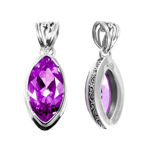 Handmade Amethyst Quartz marquise pendant in sterling silver with Balinese scroll accents, artisan jewelry from Bali.